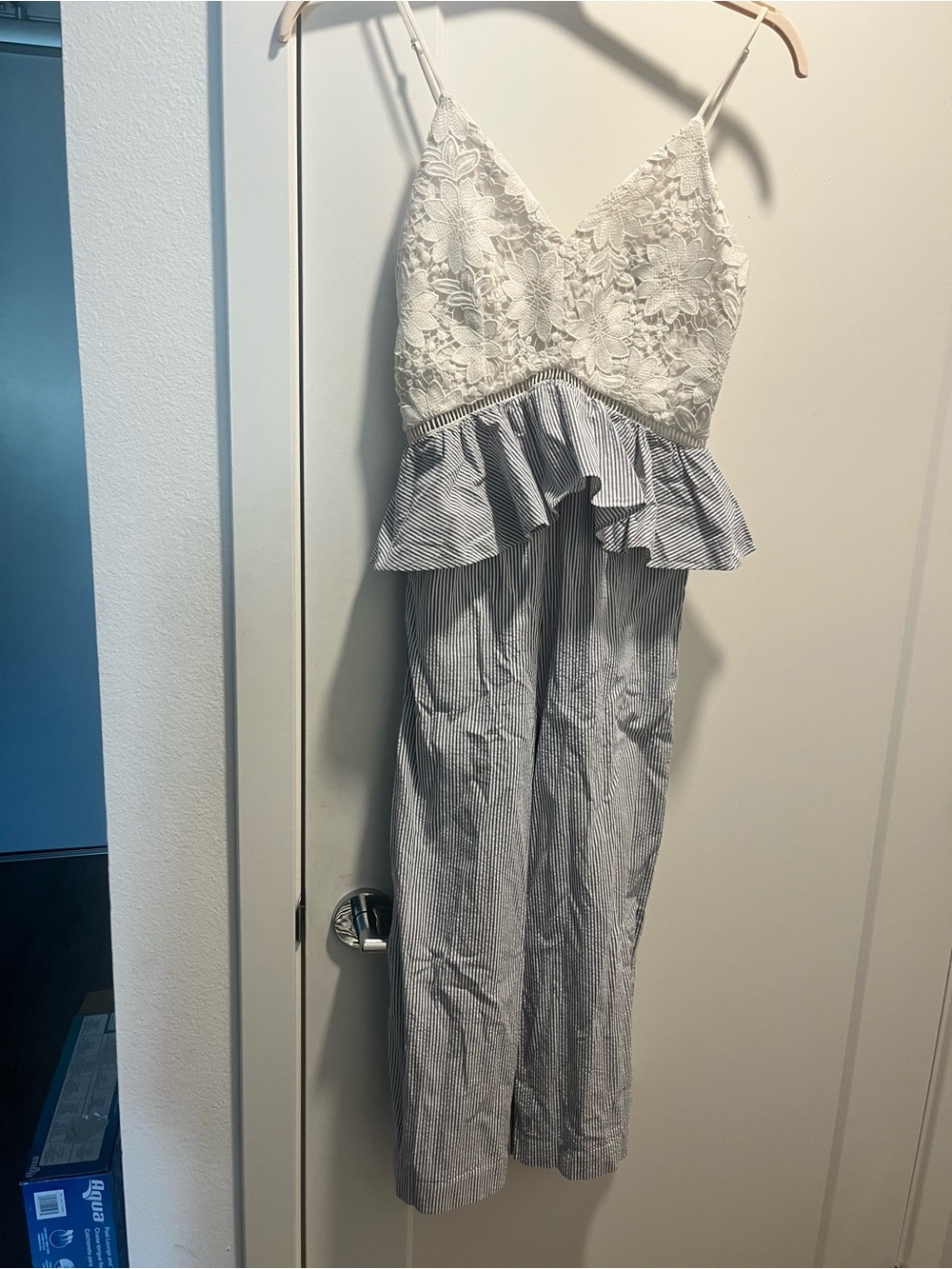 Lace-Top Striped Jumpsuit in White and Blue